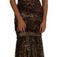 Brown Leopard Silk Chiffon Ruched Mermaid Maxi Dress