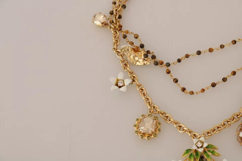 Gold Brass Crystal Floral Statement Charms Necklace