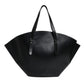 Black Leather Logo Shoulder Strap Shopping Tote Bag