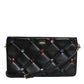 Black Leather Crystal Embellished Logo Shoulder Bag