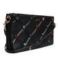 Black Leather Crystal Embellished Logo Shoulder Bag