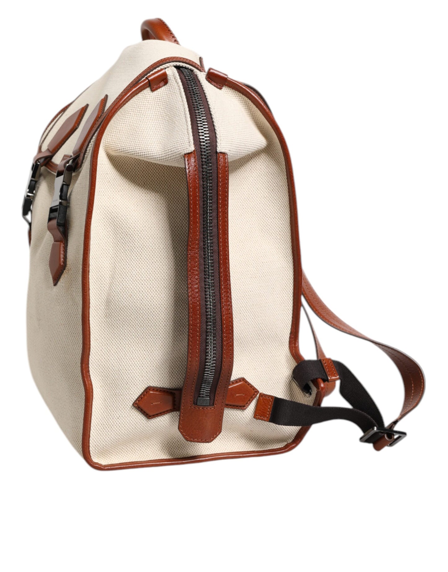 Beige Brown Canvas Leather Travel Back Pack Bag