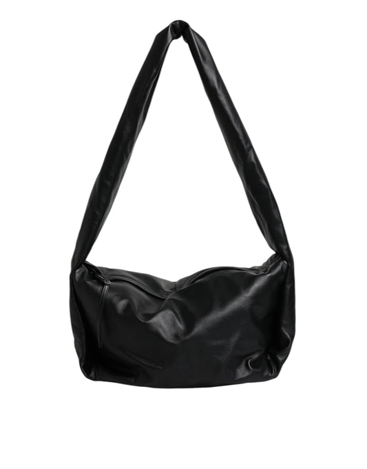 Black Leather Logo Plaque Shoulder Bag