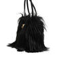 Black Fur Logo Plaque Double Handle Shoulder Bag