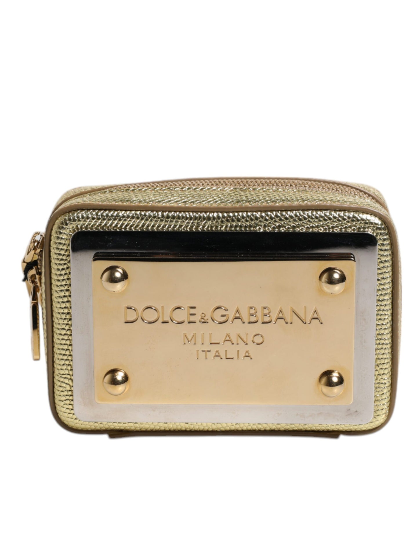 Gold Leather DG Logo Plaque Zip Around Clutch Bag