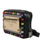 Black Leather LED Logo Wrist Strap Clutch Bag