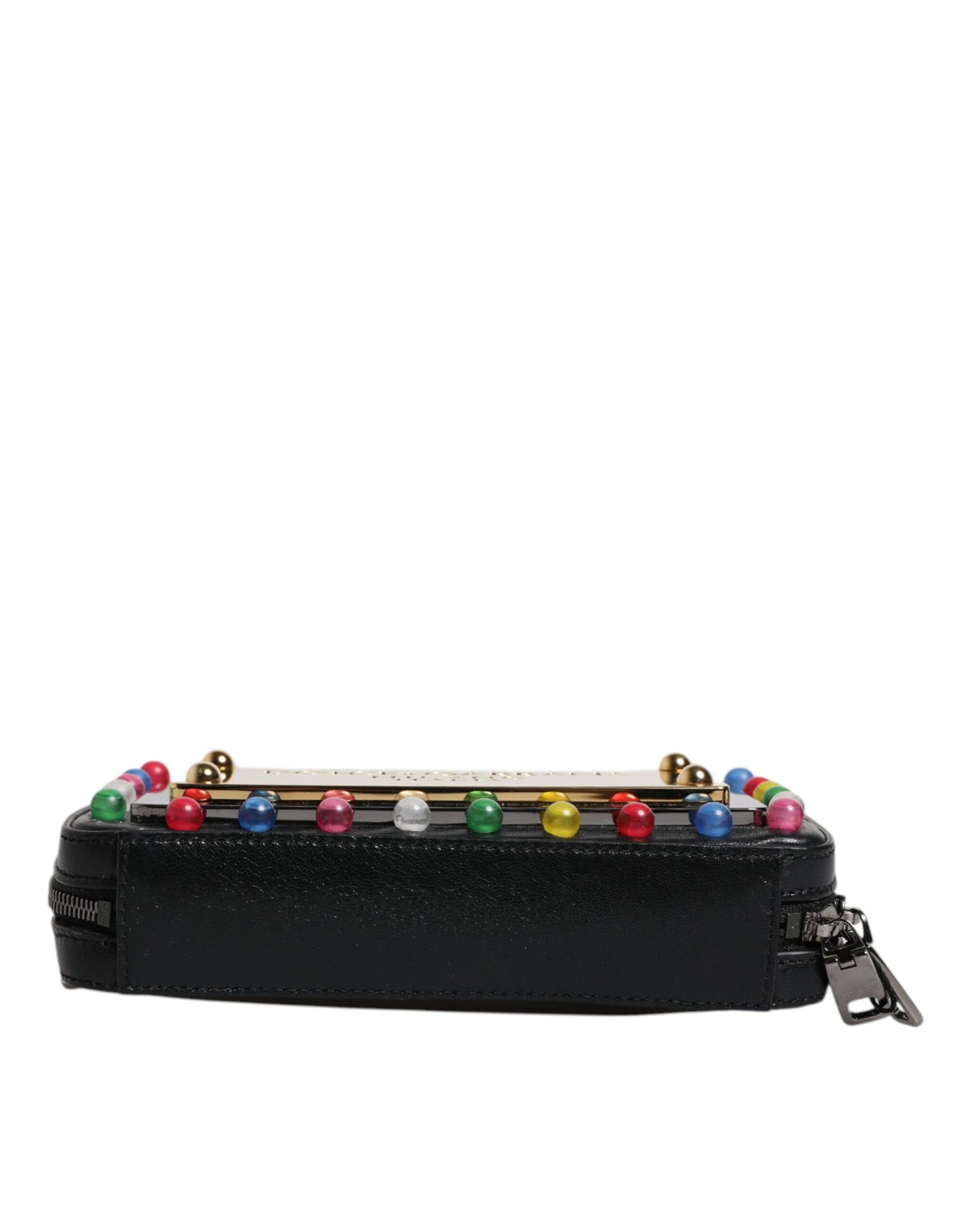 Black Leather LED Logo Wrist Strap Clutch Bag