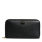 Black Calfskin Leather Logo Zip Around Continental Wallet