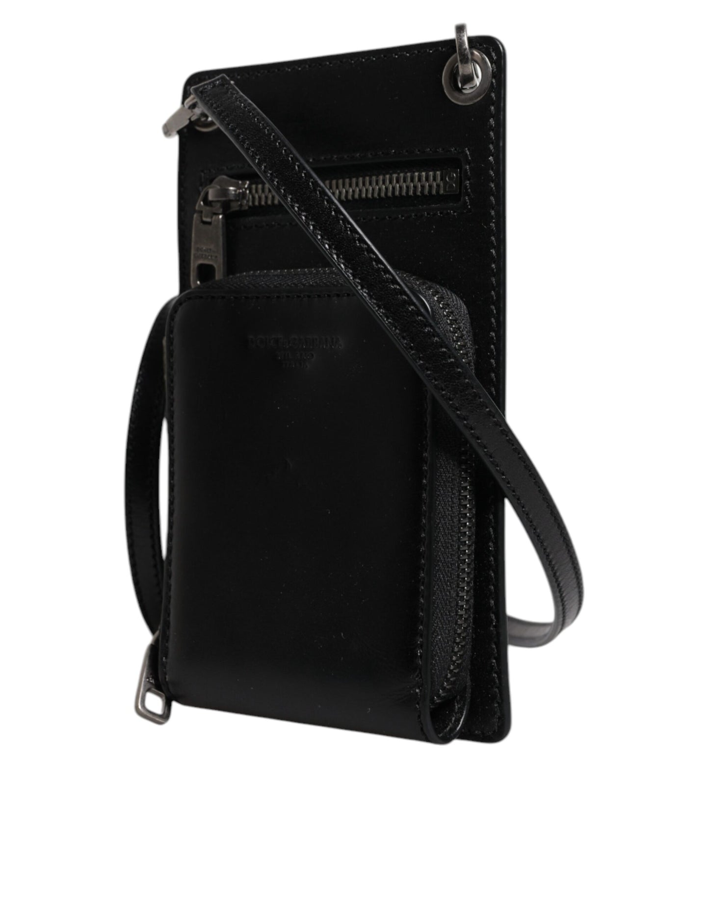 Black Horse Leather Zip Logo Shoulder Neck Strap Wallet