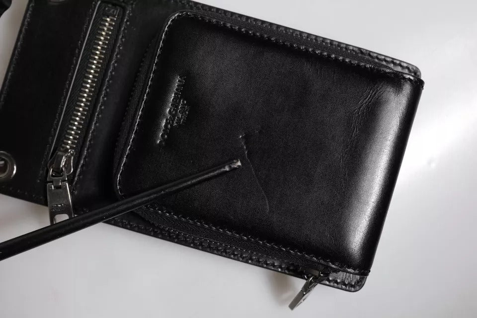 Black Horse Leather Zip Logo Shoulder Neck Strap Wallet