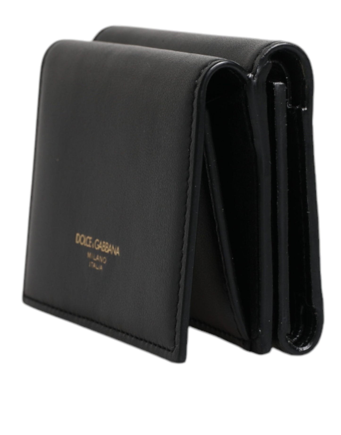 Black Leather Folding Card Holder Logo Print Wallet