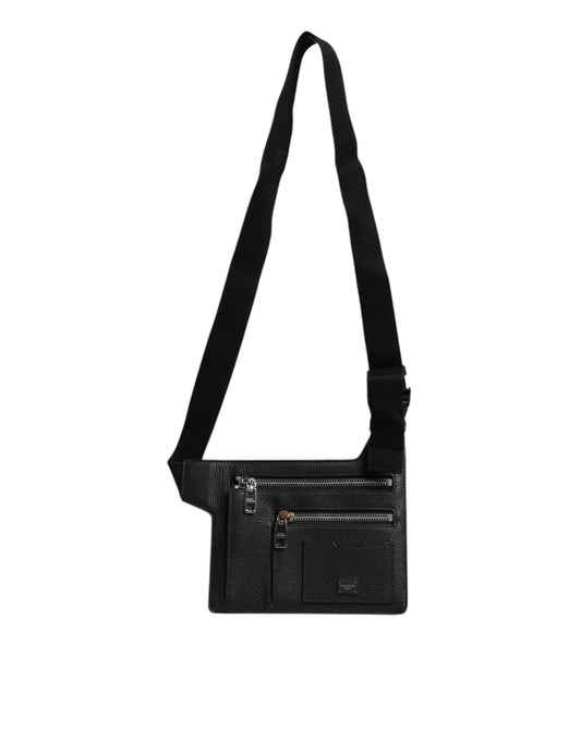 Black Calfskin Leather Messenger Crossbody Bag