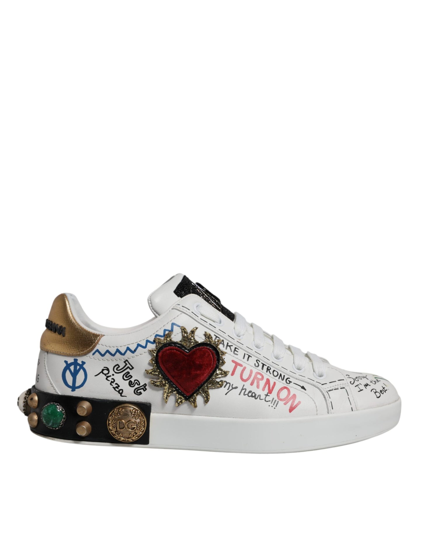 White Heart Studded Low Top Sneakers Shoes