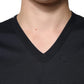 Black Cotton V-neck Short Sleeves T-shirt