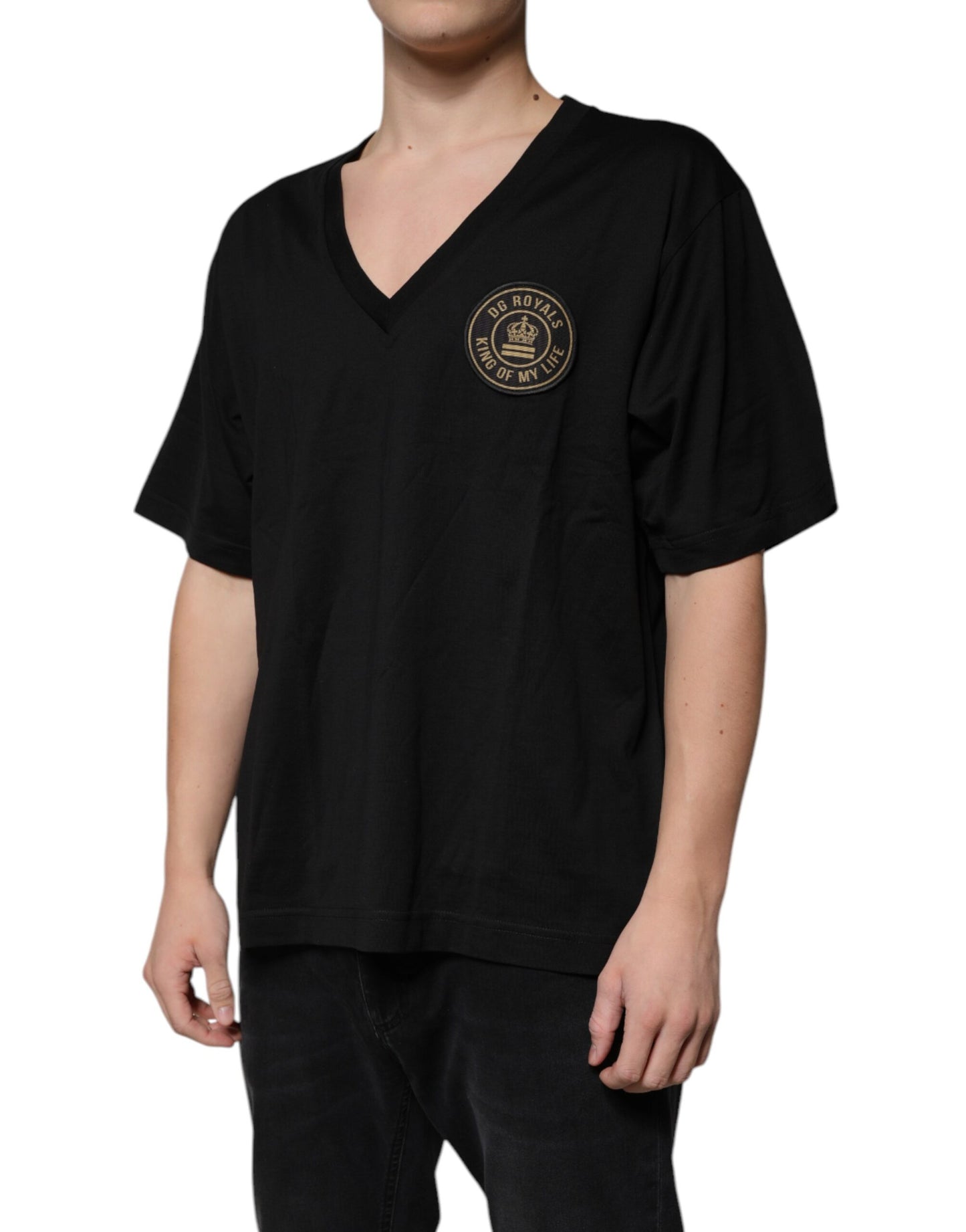 Black Cotton Logo Vneck Short Sleeve T-shirt