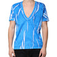 Blue Cotton V-neck Short Sleeves T-shirt