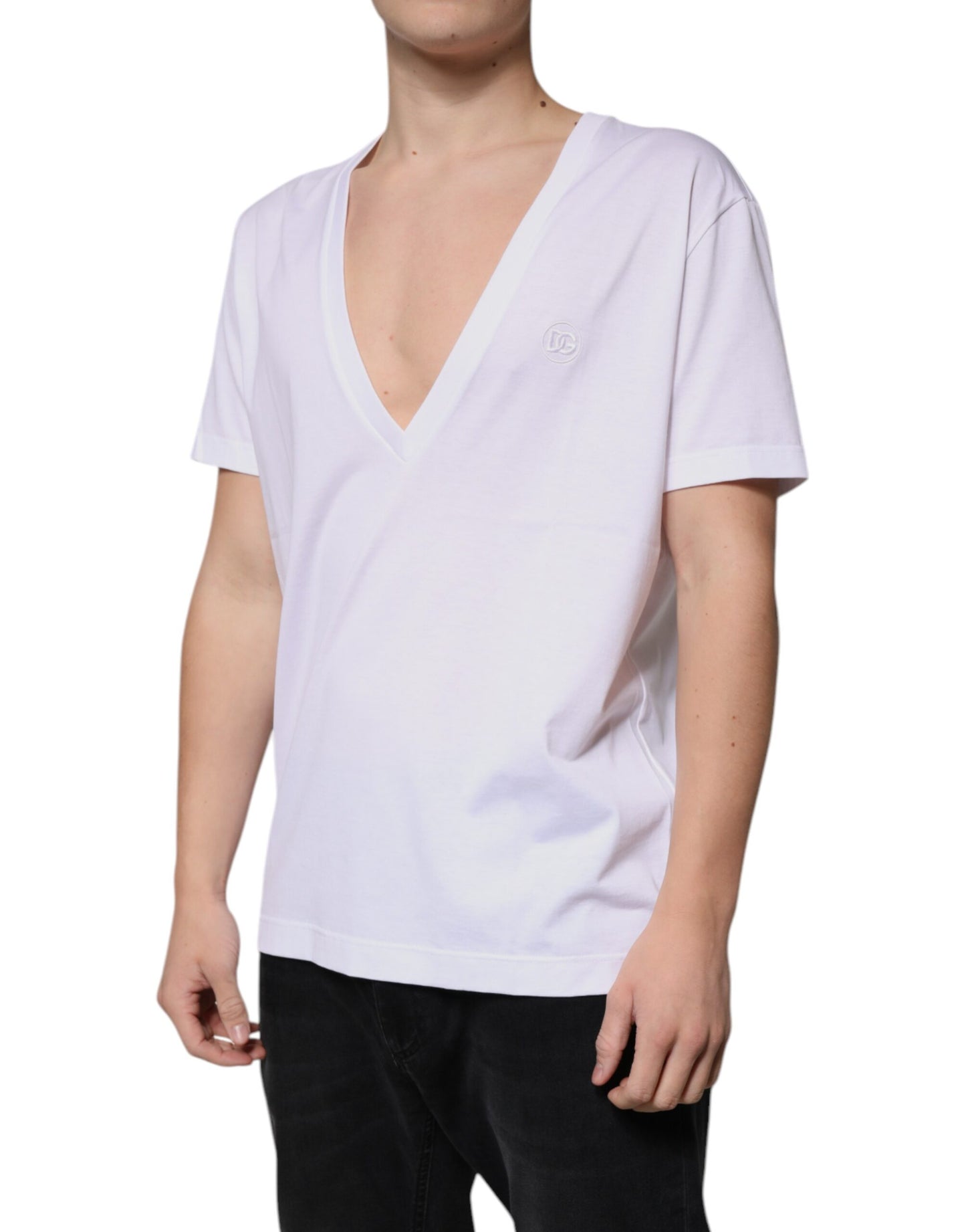 White Cotton V-neck Short Sleeves T-shirt