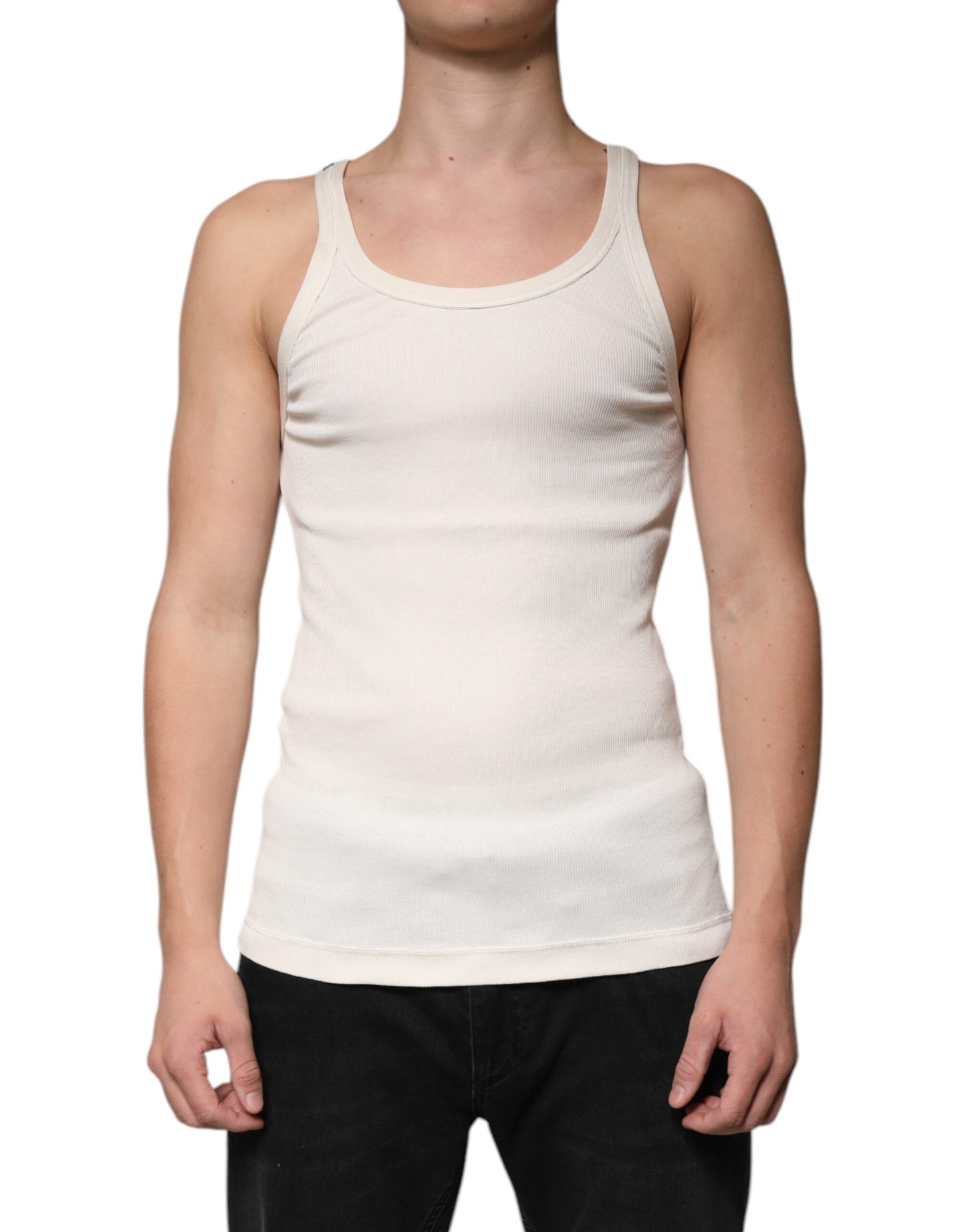 Off White Cotton Sleeveless Round Neck Tank T-shirt