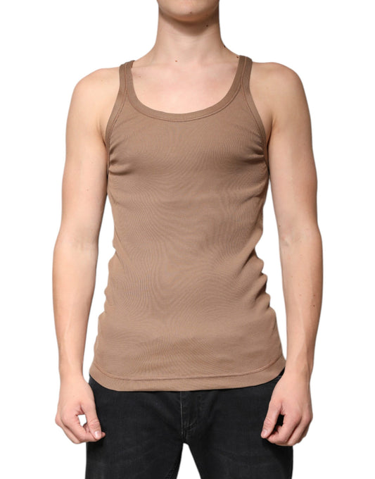 Brown Cotton Sleeveless Round Neck Tank T-shirt