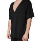 Black Cotton V-neck Short Sleeves T-shirt