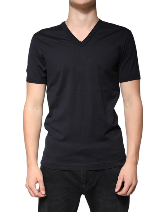 Black Cotton V-neck Short Sleeves T-shirt