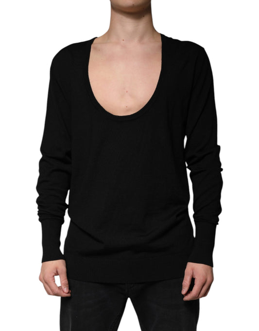 Black Wool Round Neck Pullover Sweater