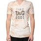 Beige Graphic Print Cotton V-neck T-shirt