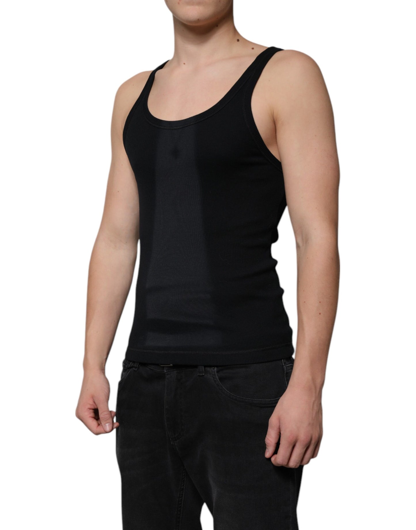 Black Cotton Sleeveless Round Neck Tank T-shirt