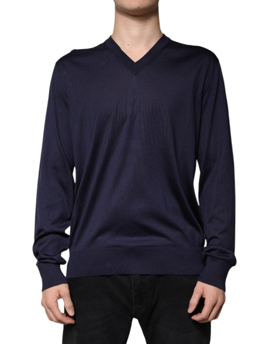 Navy Blue Silk V-neck Pullover Sweater