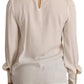 Off White Silk Long Sleeve Turtle Neck Top
