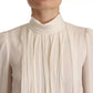 Off White Silk Long Sleeve Turtle Neck Top