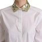 White Cotton Collared Long Sleeves Sequin Top Shirt