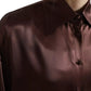Brown Silk Collared Long Sleeves Top Blouse