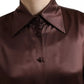 Brown Silk Collared Long Sleeves Top Blouse