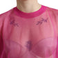 Pink Sheer Long Sleeves Crewneck Top Blouse