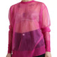 Pink Sheer Long Sleeves Crewneck Top Blouse