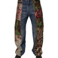 Blue Patchwork Cotton Straight Denim Jeans