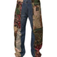 Blue Patchwork Cotton Straight Denim Jeans