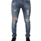 Blue Tattered Cotton Stretch Skinny Denim Jeans