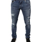 Blue Tattered Cotton Stretch Skinny Denim Jeans