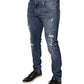 Blue Tattered Cotton Stretch Skinny Denim Jeans