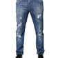Blue Cotton Stretch Tattered Skinny Denim Jeans