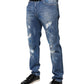 Blue Cotton Stretch Tattered Skinny Denim Jeans