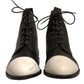 Black White Leather Lace Up Flats Ankle Boots Shoes