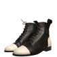 Black White Leather Lace Up Flats Ankle Boots Shoes