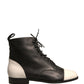 Black White Leather Lace Up Flats Ankle Boots Shoes