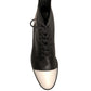 Black White Leather Lace Up Flats Ankle Boots Shoes