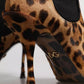 Brown Leopard Leather Stretch Heels Boots Shoes