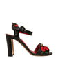 Black Embossed Carnation Heeled Sandals Shoes