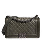 Dark Green Leather Shoulder Bag Gray Metal Purse Bag